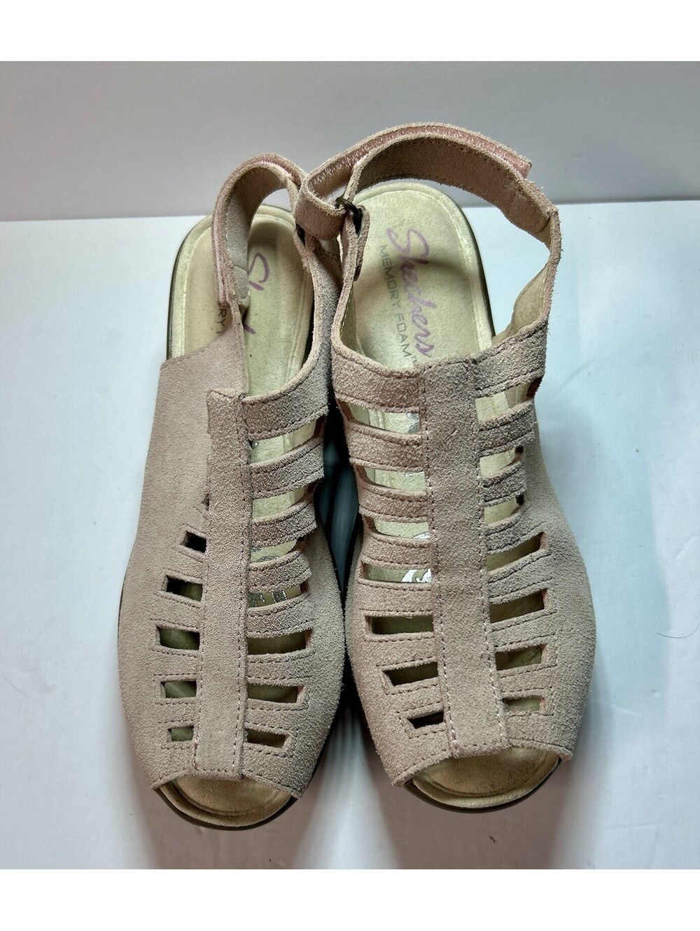 Skechers Suede Peeptoe Slingback Wedge Sandals Stylin Light Pink Blush Sz7 NOTES